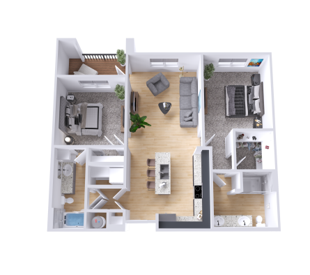 a 3d rendering of a two bedroom apartment at The Legacy at Veramendi