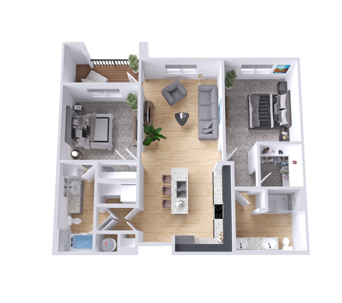 a 3d rendering of a two bedroom apartment at The Legacy at Veramendi