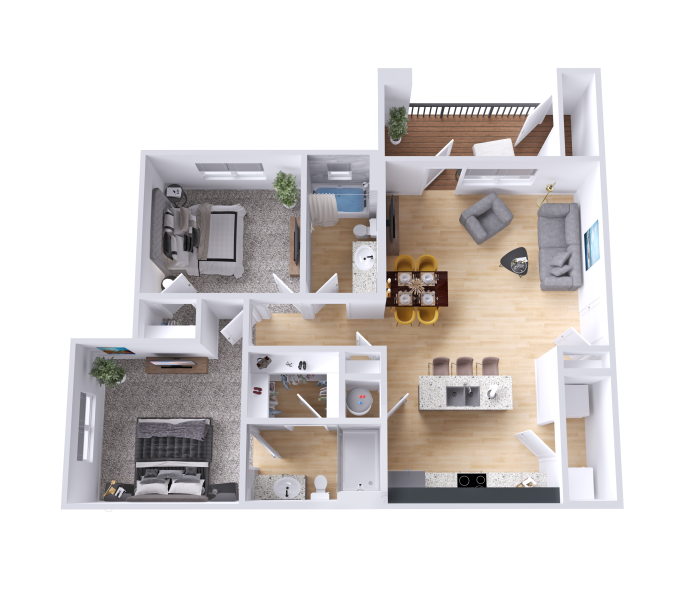 a 3d rendering of a two bedroom apartment at The Legacy at Veramendi